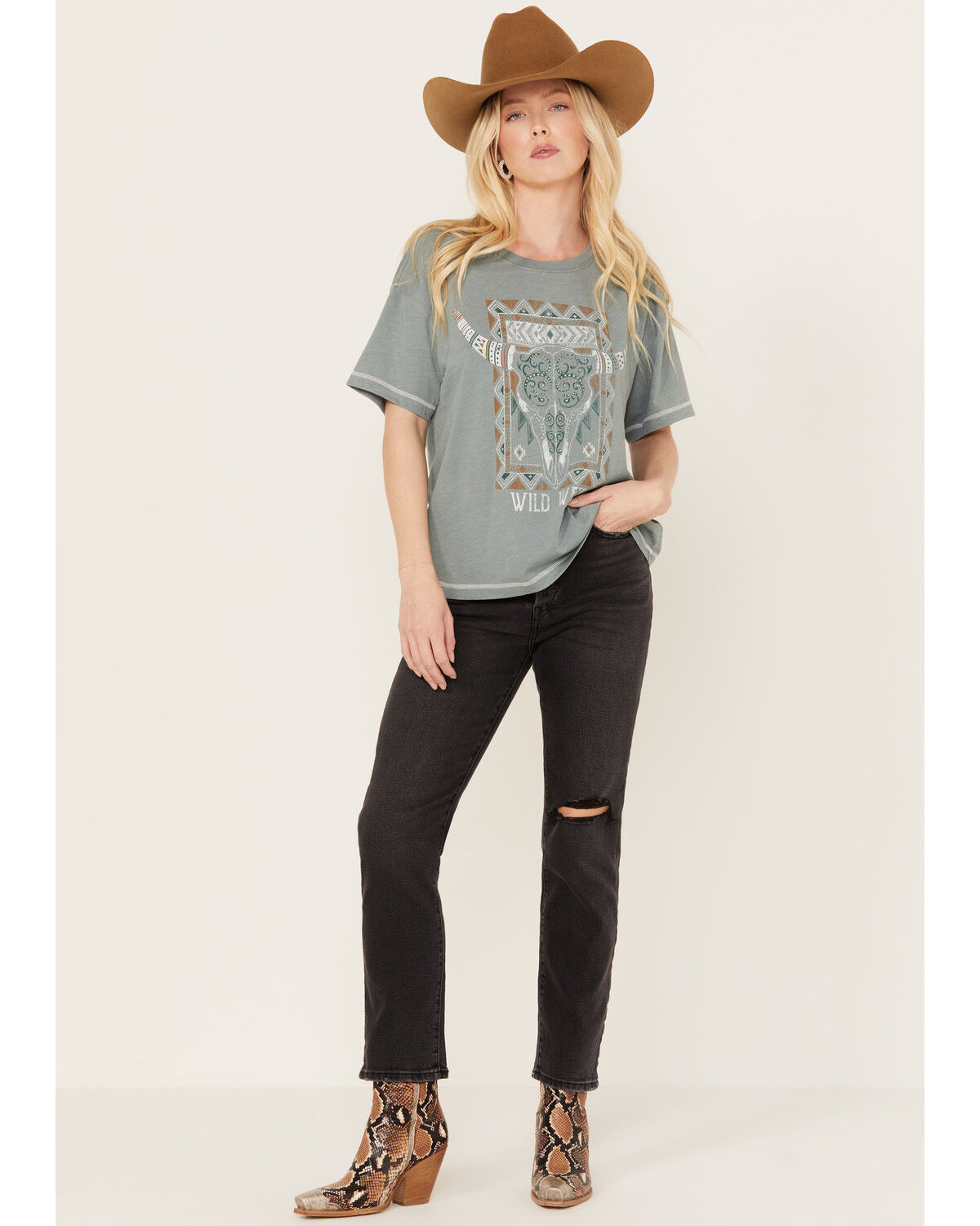 Image #2 - White Crow Women's Wild West Steer Head Skull Short Sleeve Graphic Tee, Teal, hi-res