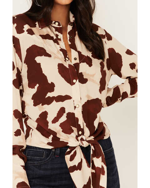 Image #2 - Idyllwind Women's Cow Print Tie Front Long Sleeve Western Shirt, Cream, hi-res