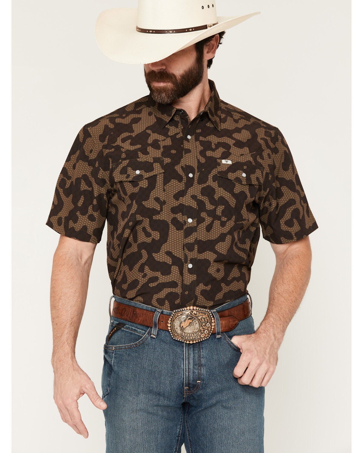 Ferrell Men's Gage Camo Print Short Sleeve Snap Stretch Western Shirt, Brown, hi-res
