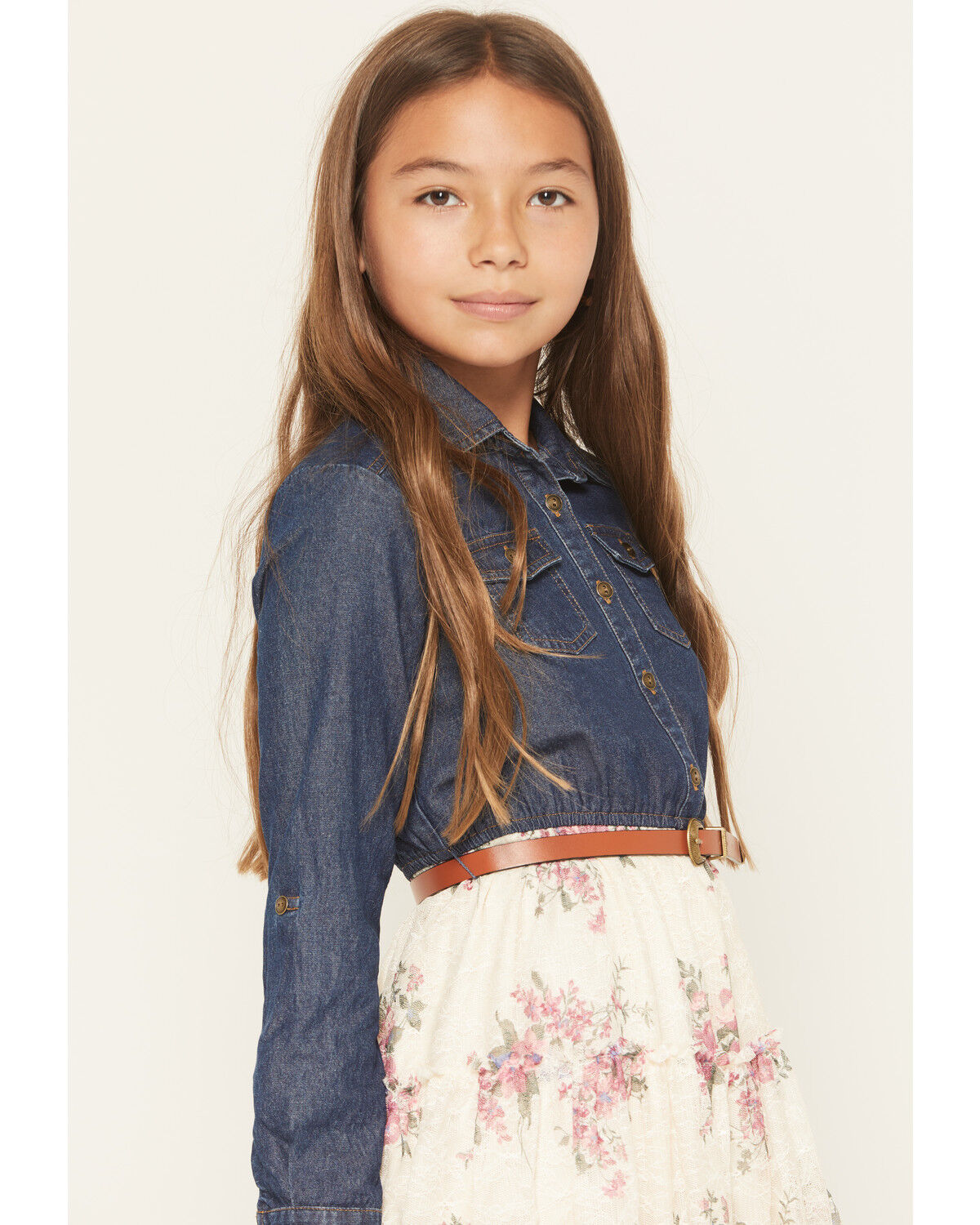 Image #2 - Sugar California Girls' Floral Lace Long Sleeve Button-Down Denim Dress, Multi, hi-res