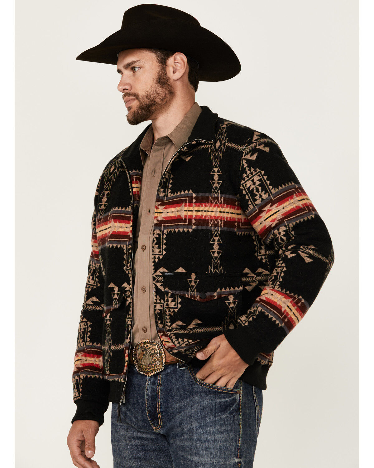 Image #2 - Rock & Roll Denim Men's Southwestern Print Bomber Jacket, Black, hi-res