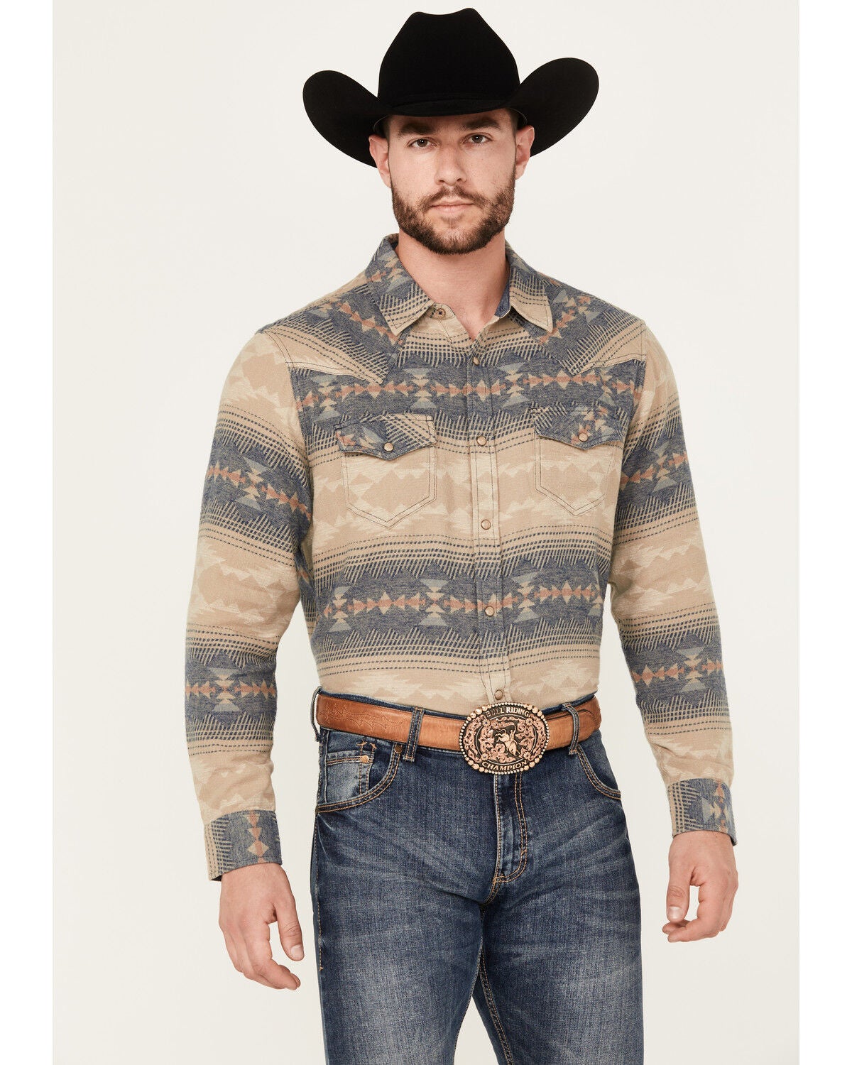 Image #1 - Cody James Men's Arrow Bear Southwestern Print Long Sleeve Snap Western Shirt, Tan, hi-res