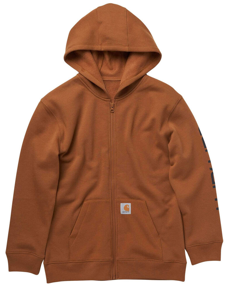 Carhartt Boys' Fleece Logo Graphic Zip-Front Hooded Sweatshirt , Brown, hi-res