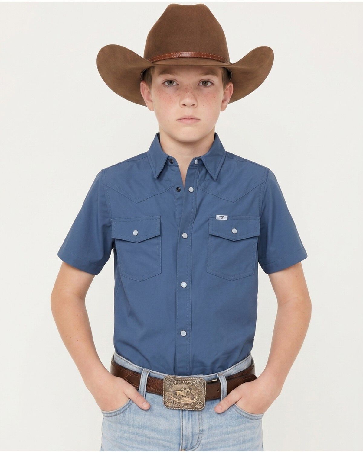 Ferrell Boys' Core Tek Solid Short Sleeve Pearl Snap Performance Western Shirt, Blue, hi-res