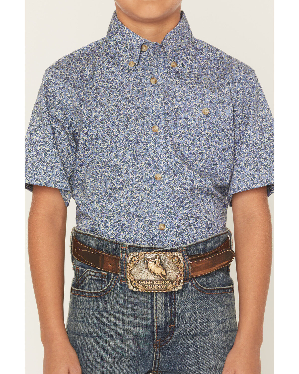 Image #3 - Wrangler Boys' Paisley Print Short Sleeve Button-Down Western Shirt, Blue, hi-res