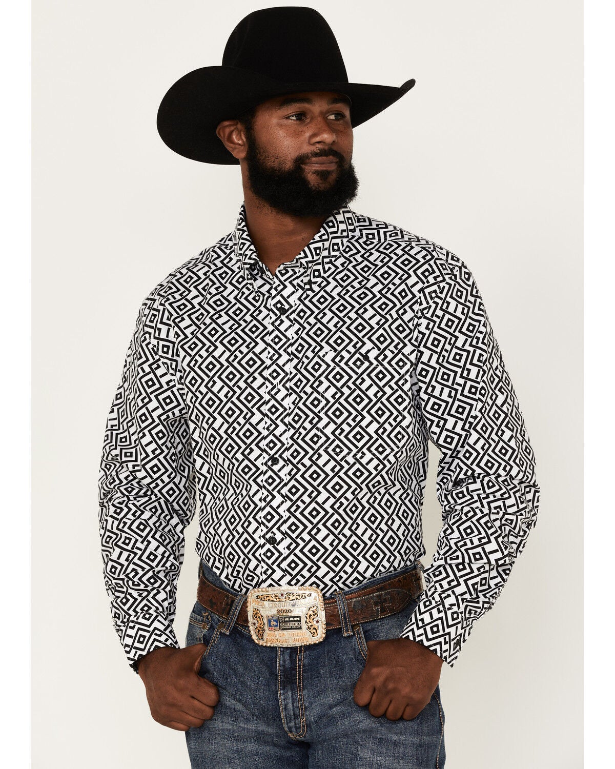 Image #1 - RANK 45&reg; Men's Dillinger Geo Print Long Sleeve Button-Down Stretch Western Shirt, White, hi-res