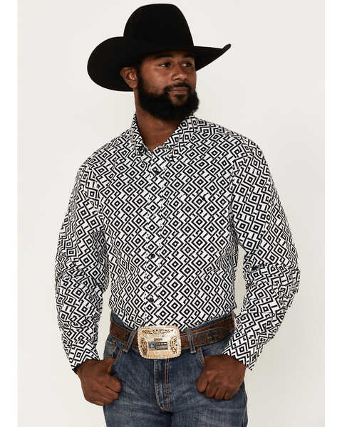 Image #1 - RANK 45® Men's Dillinger Geo Print Long Sleeve Button-Down Stretch Western Shirt, White, hi-res