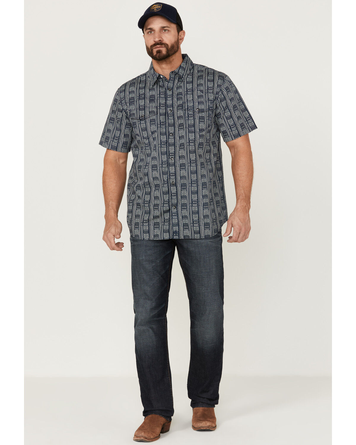Image #2 - Moonshine Spirit Men's Tikki Pole Southwestern Stripe Short Sleeve Snap Western Shirt, Navy, hi-res