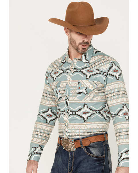 Image #2 - Rock & Roll Denim Men's Southwestern Long Sleeve Western Snap Shirt, Sage, hi-res