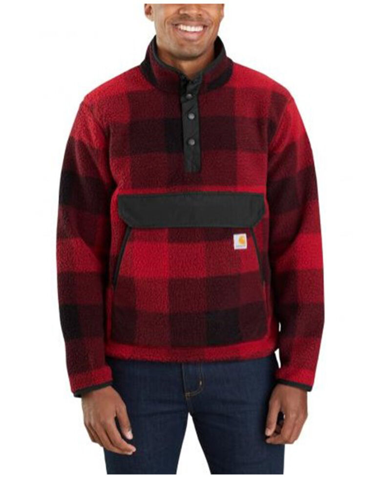 Carhartt Men's Oxblood Red Plaid Relaxed Fit 1/4 Snap Fleece Work Pullover , Red, hi-res