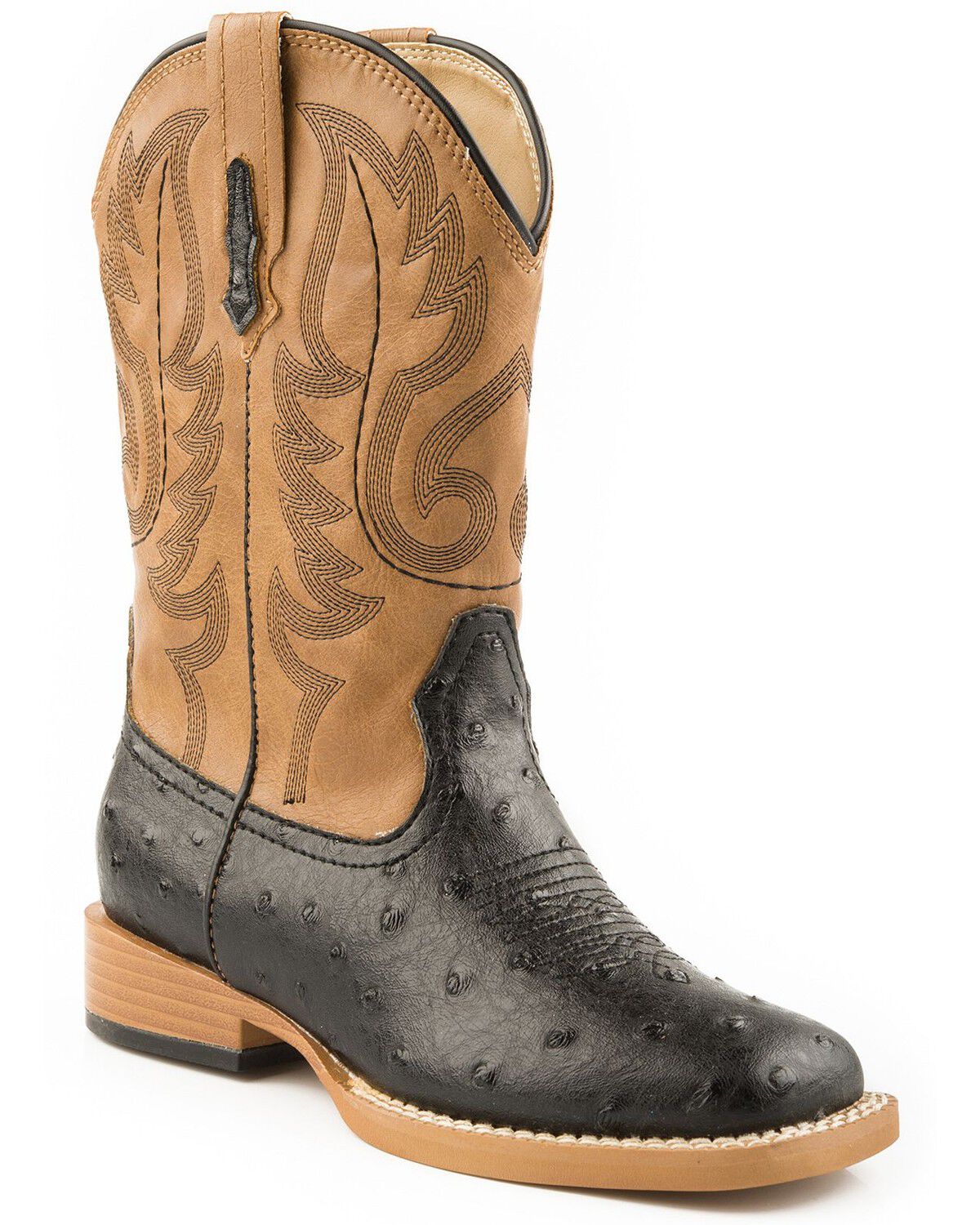 Roper Boys' Ostrich Print Western Boots - Square Toe, Black, hi-res
