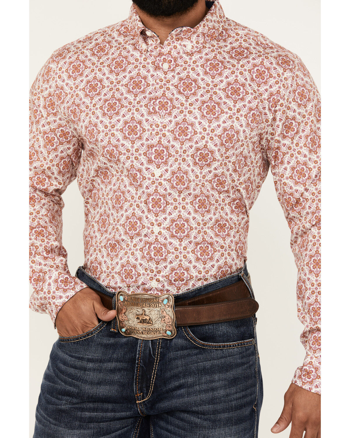Image #3 - Cody James Men's Lucky One Medallion Print Long Sleeve Button-Down Stretch Western Shirt, Burgundy, hi-res