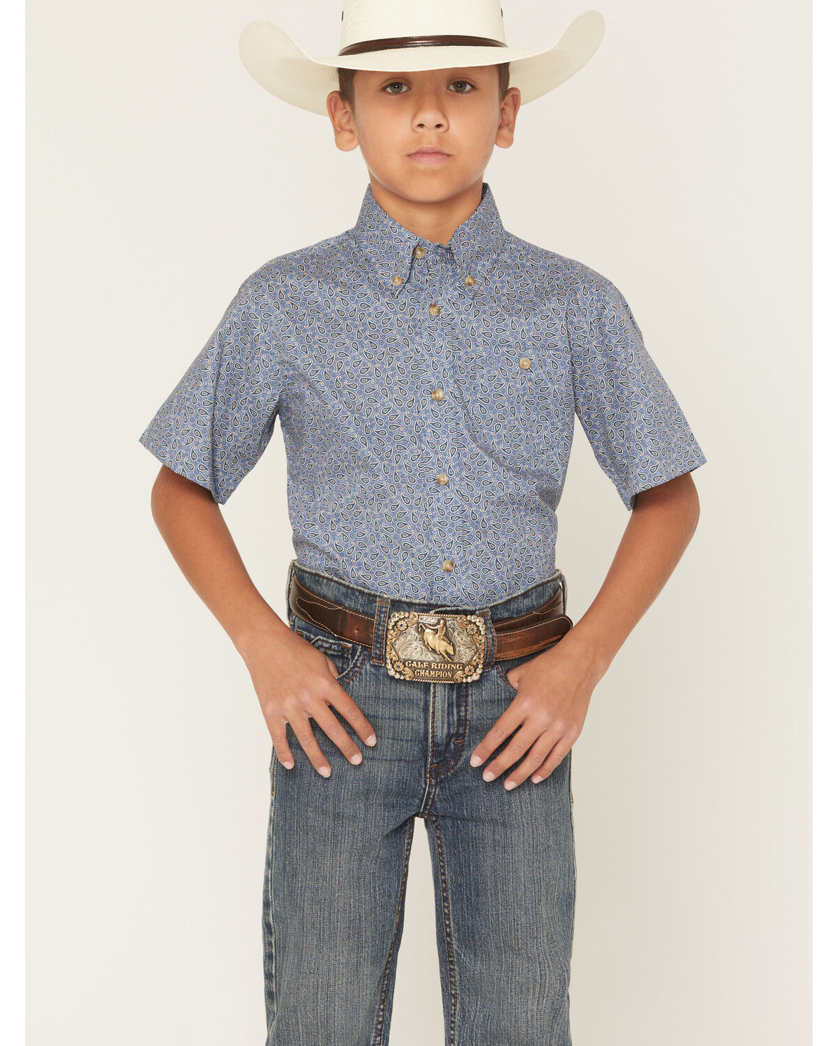 Image #1 - Wrangler Boys' Paisley Print Short Sleeve Button-Down Western Shirt, Blue, hi-res