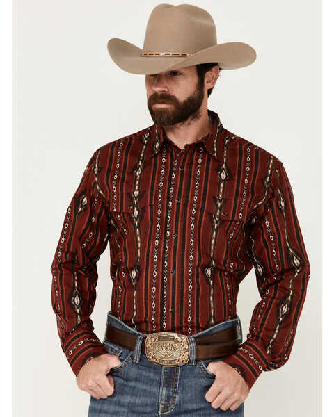Image #1 - Wrangler Men's Southwestern Print Long Sleeve Snap Western Shirt, Red, hi-res