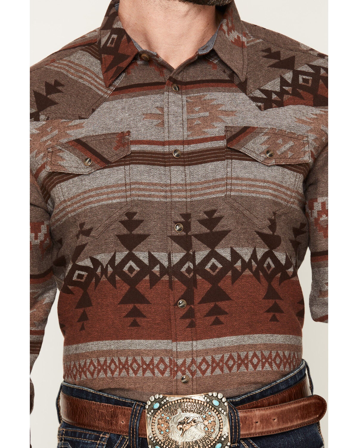 Image #3 - Cody James Men's Skullywag Southwestern Print Long Sleeve Snap Western Shirt, Bark, hi-res