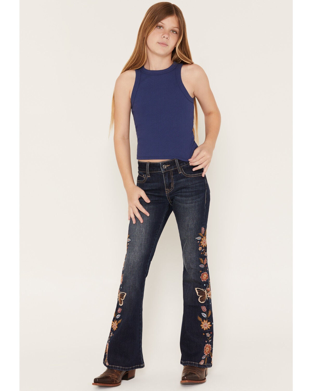 Image #1 - Grace in LA Girls' Dark Wash Floral Embroidered Flare Stretch Denim Jeans, Dark Wash, hi-res