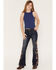 Image #1 - Grace in LA Girls' Dark Wash Floral Embroidered Flare Stretch Denim Jeans, Dark Wash, hi-res