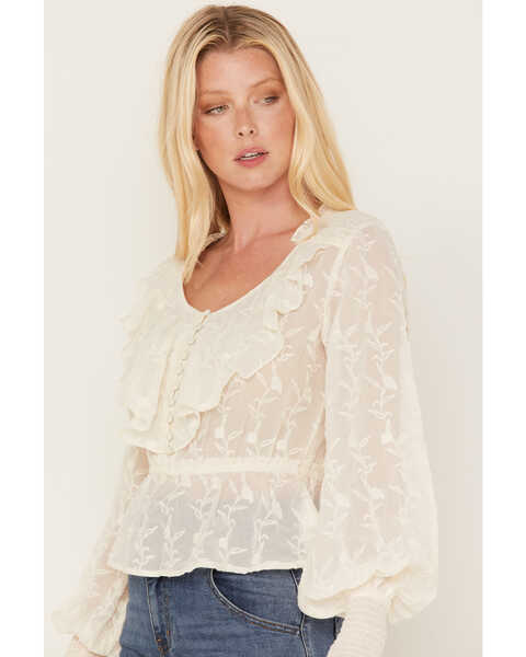 Image #2 - Shyanne Women's Floral Embroidered Chiffon Ruffle Blouse, Off White, hi-res
