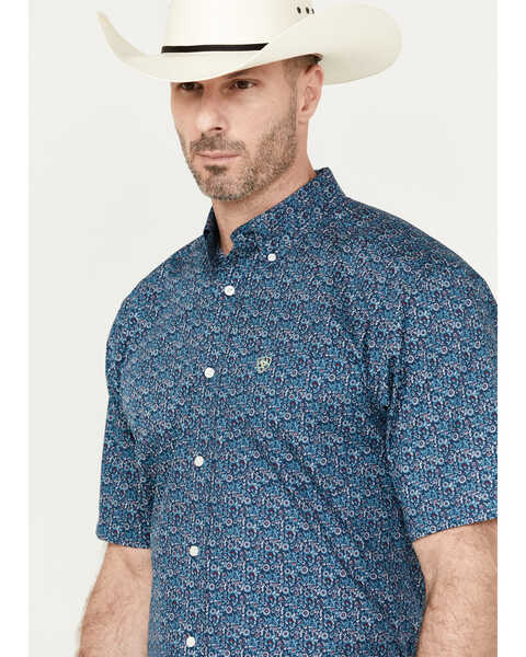 Image #2 - Ariat Men's Wrinkle Free Emmitt Print Button Down Short Sleeve Western Shirt, Teal, hi-res