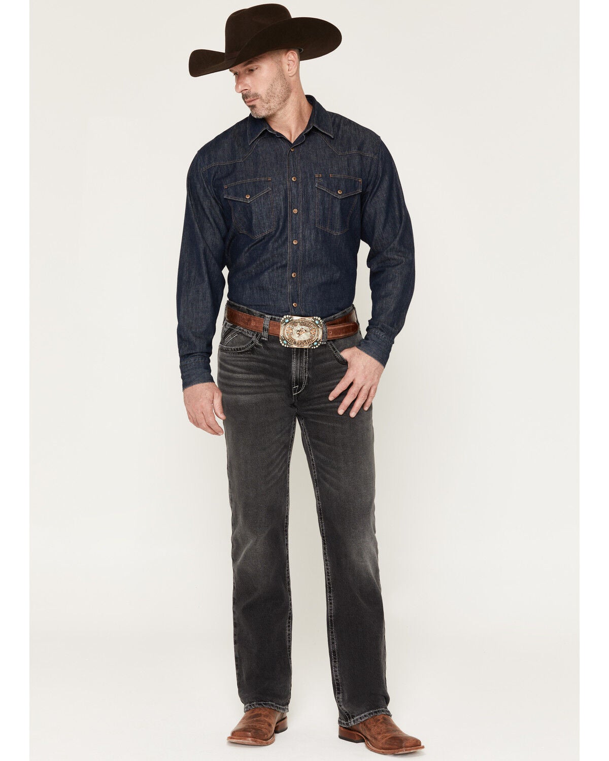 Image #1 - Ariat Men's M4 Ramiro Steven Washed Relaxed Bootcut Stretch Denim Jeans, Black, hi-res