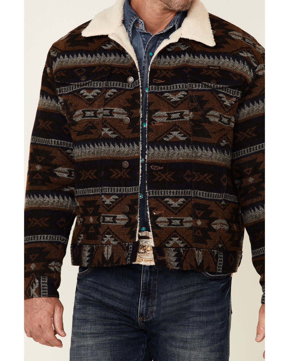 Image #3 - Wrangler Men's Brown Whiskey Jacquard Southwestern Print Button-Front Sherpa Jacket , , hi-res