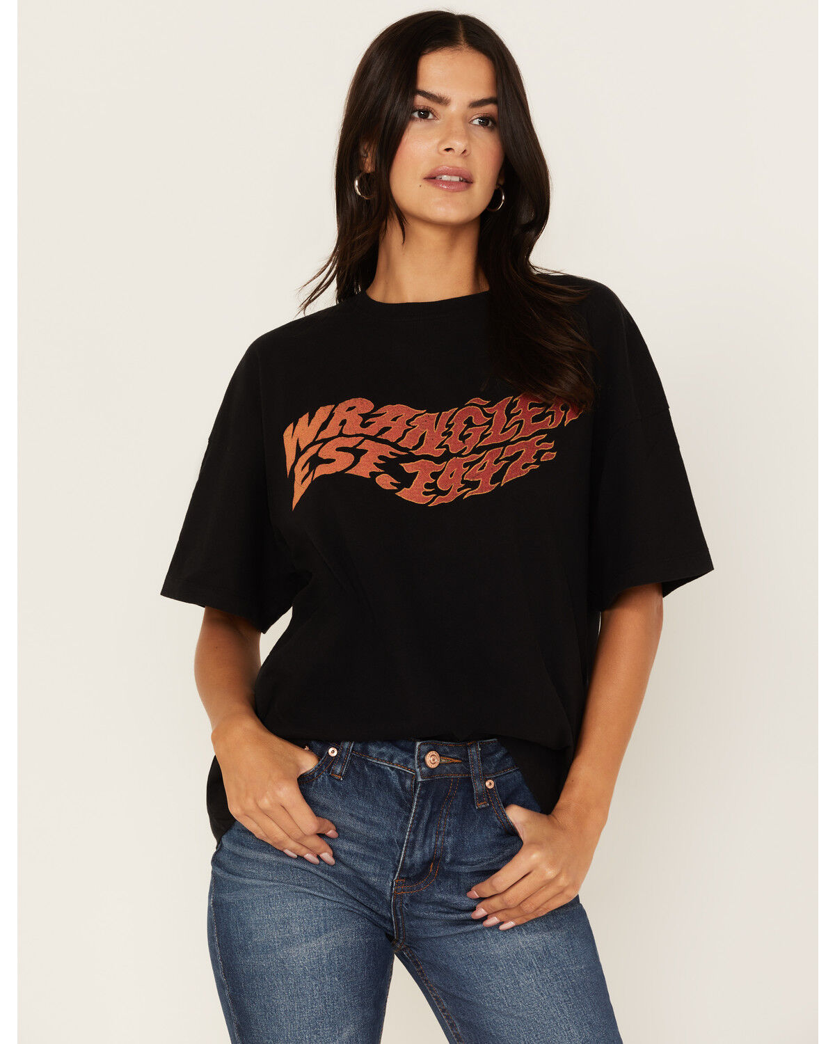 Image #1 - Wrangler Women's Est 1947 Fire Logo Graphic Girlfriend Tee, Black, hi-res