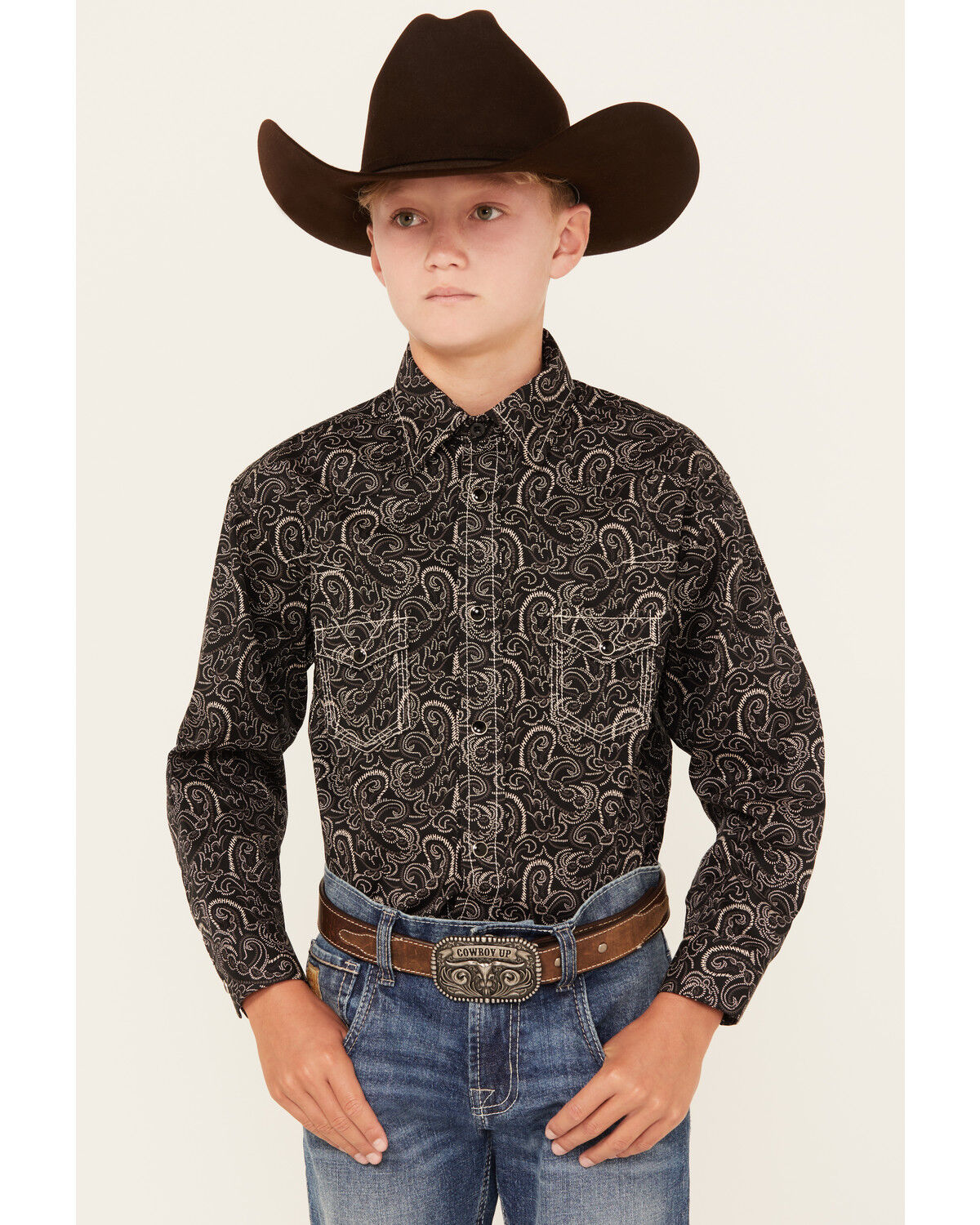 Image #1 - Rock & Roll Denim Boys' Paisley Print Long Sleeve Snap Western Shirt, Black, hi-res