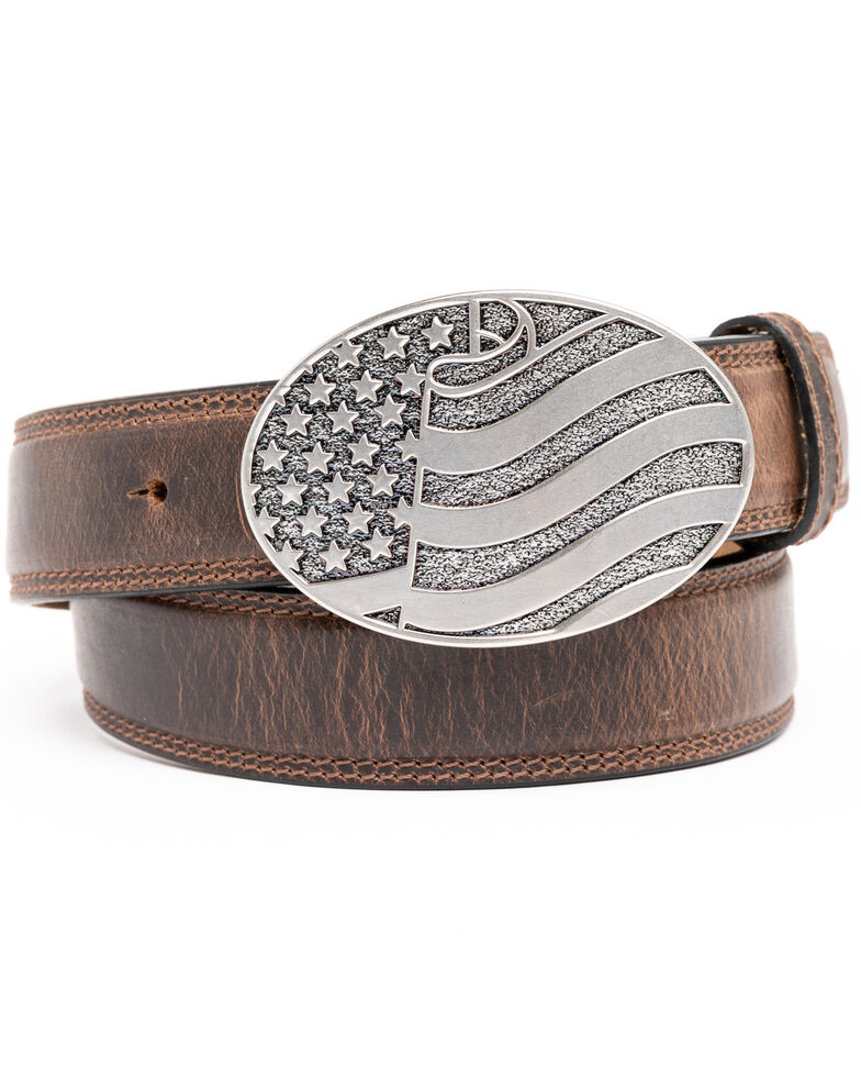 Cody James Men's Brown American Flag Oval Western Buckle Belt , Brown, hi-res