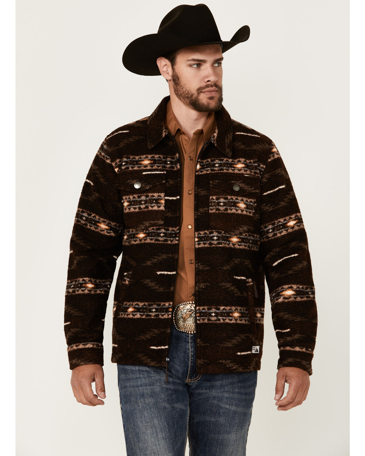 Image #1 - Powder River Outfitters Men's Southwestern Print Berber Zip Jacket, Dark Brown, hi-res