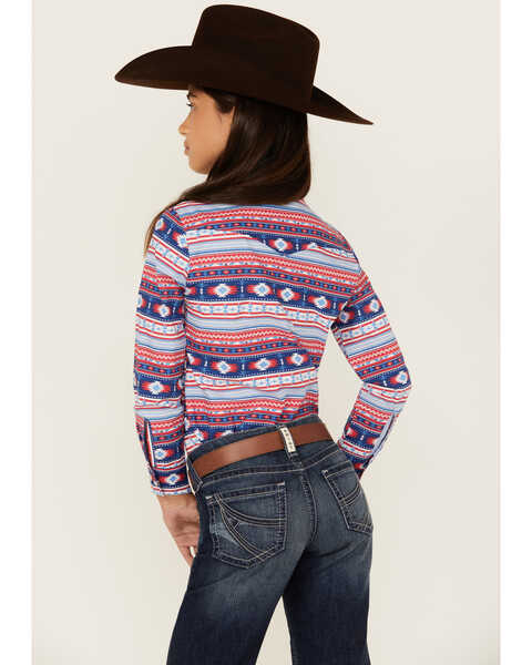 Image #4 - Panhandle Girls' Southwestern Striped Long Sleeve Pearl Snap Western Shirt, Multi, hi-res