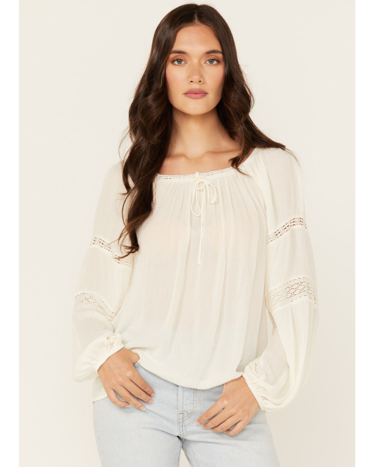 Image #1 - Jolt Women's Lace Trim Peasant Top, Ivory, hi-res