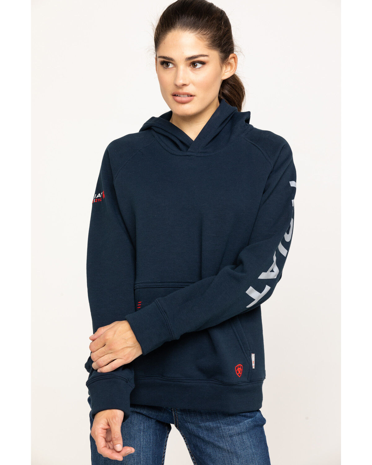 Image #1 - Ariat Women's FR Primo Fleece Logo Hooded Sweatshirt, Navy, hi-res