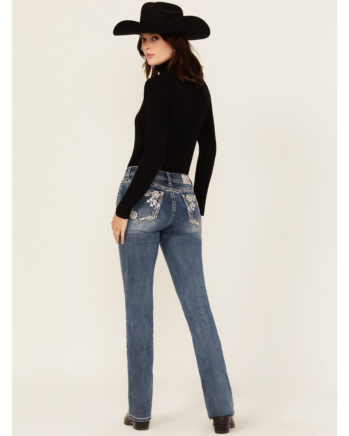 Image #1 - Grace In LA Women's Medium Wash Geo Print Embroidered Mid Rise Bootcut Stretch Denim Jeans, Medium Wash, hi-res