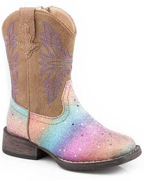 Image #1 - Roper Toddler Girls' Rainbow Glitter Western Boots - Square Toe, Tan, hi-res