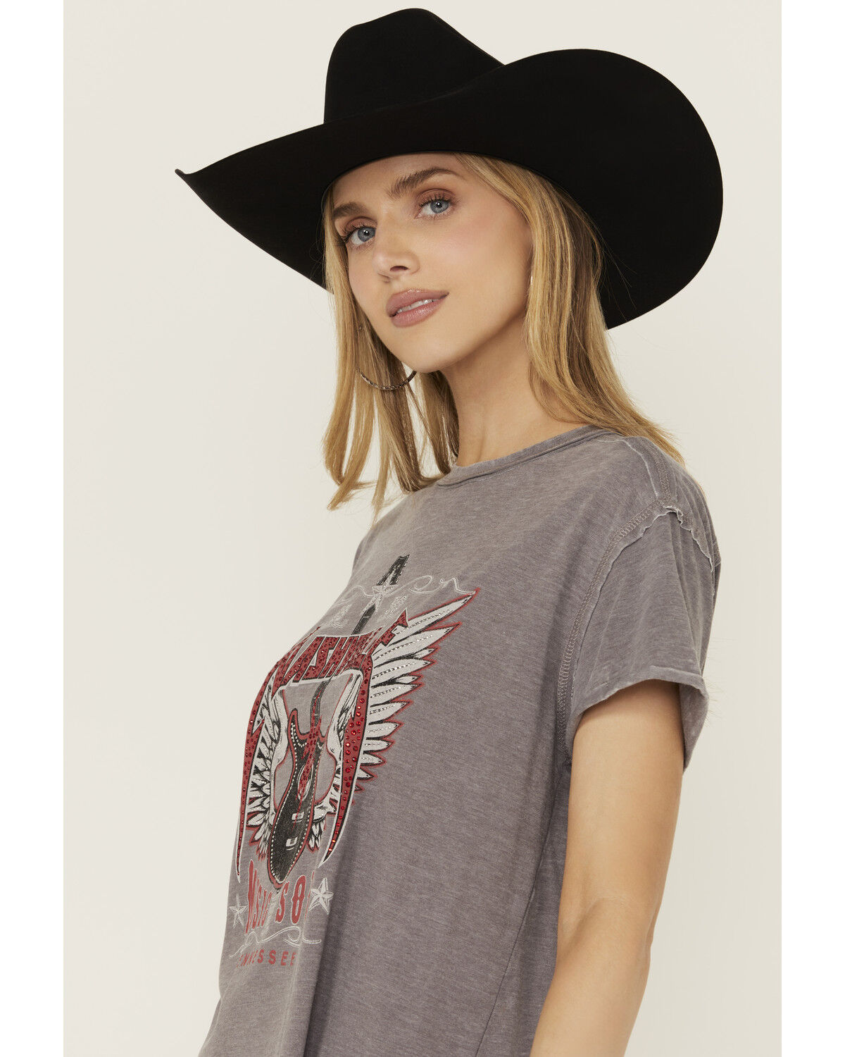 Image #2 - Blended Women's Nashville Embellished Short Sleeve Graphic Tee, Grey, hi-res