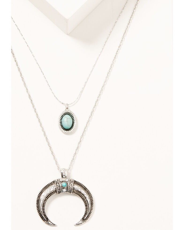 Prime Time Jewelry Women's Silver Crescent Horn & Turquoise Pendant Layered Necklace Set, Silver, hi-res