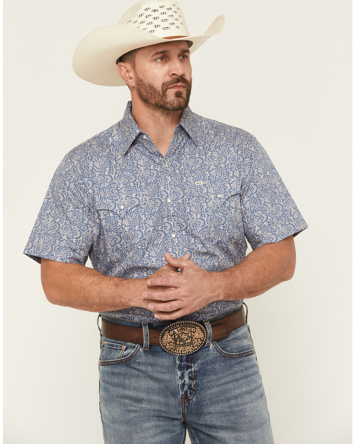 Image #1 - Ely Walker Men's Paisley Print Short Sleeve Snap Western Shirt, Navy, hi-res