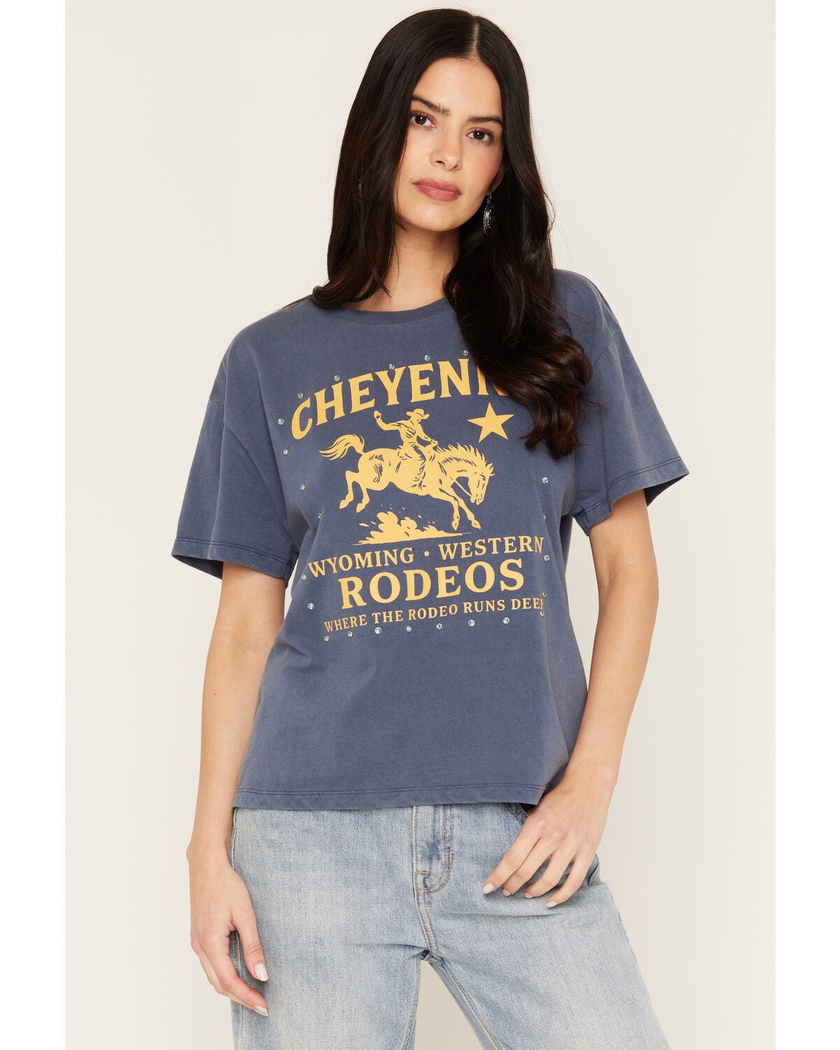 Image #1 - Blue Life Women's Cheyenne Rodeo Short Sleeve Graphic Tee, Navy, hi-res