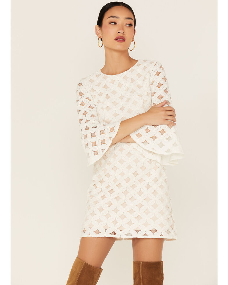Skies are Blue Women's Diamond Pattern Lace Long Sleeve Dress, Ivory, hi-res
