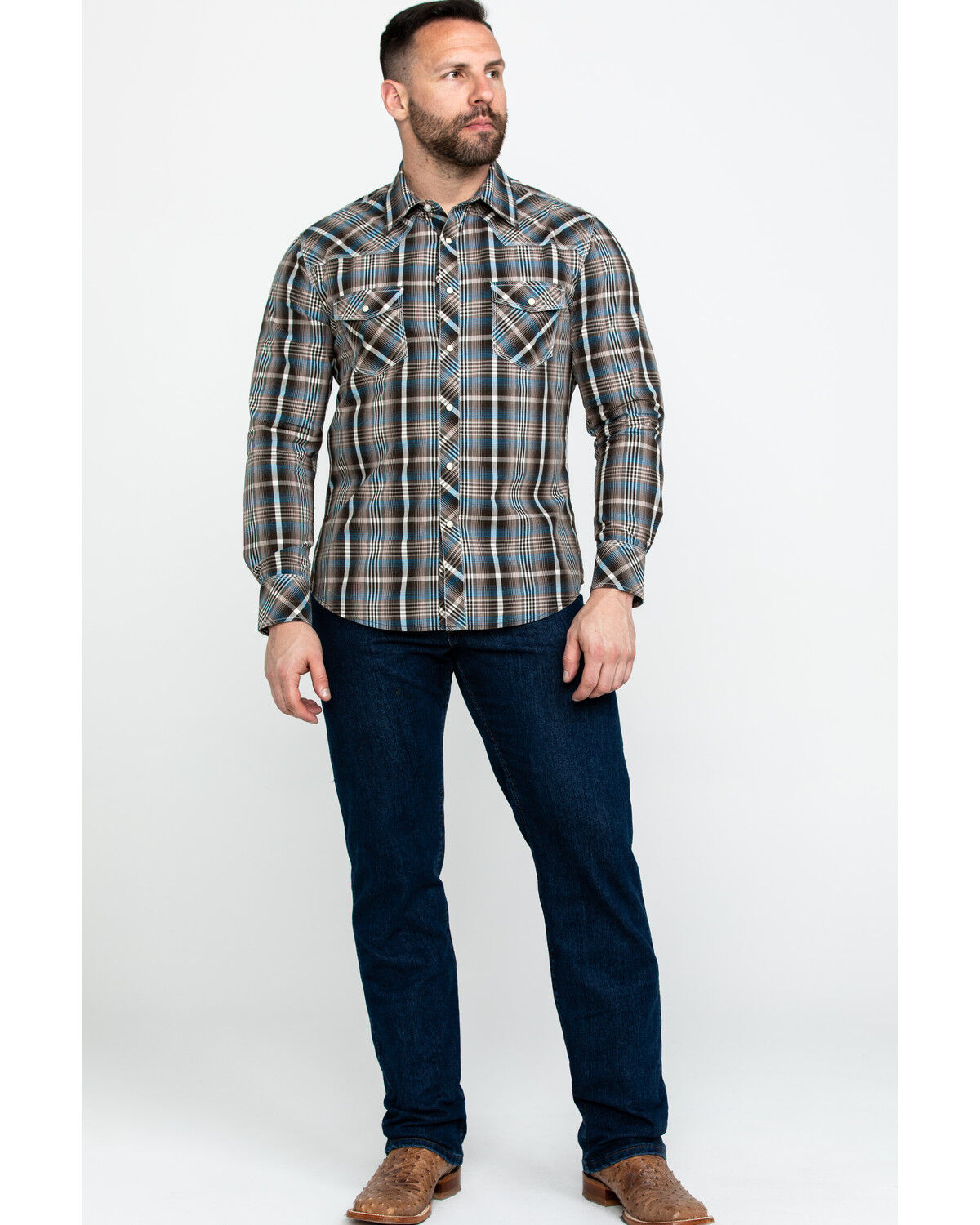 Image #6 - Rock & Roll Denim Men's Plaid Print Long Sleeve Snap Western Shirt, Teal, hi-res