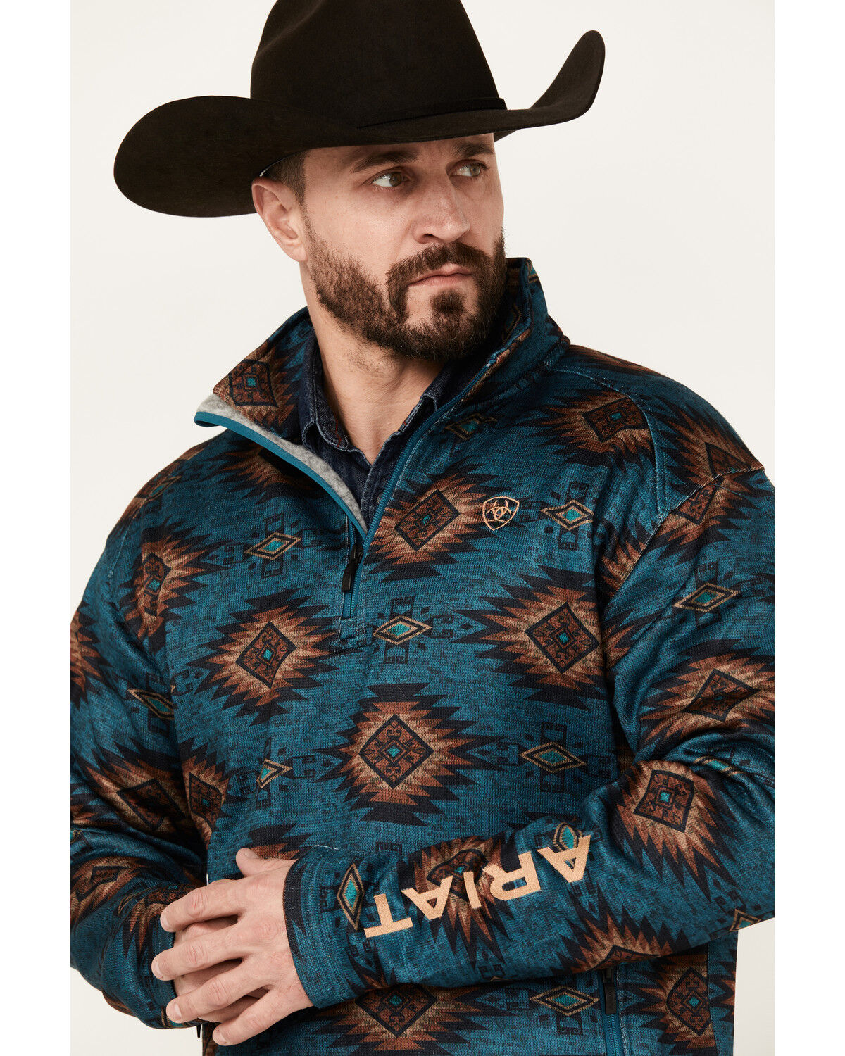 Image #2 - Ariat Men's Caldwell Southwestern Print 1/4 Zip Pullover, Dark Blue, hi-res