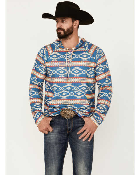 Image #1 - Rock & Roll Denim Men's Southwestern Print Performance Hooded Sweatshirt, Blue, hi-res