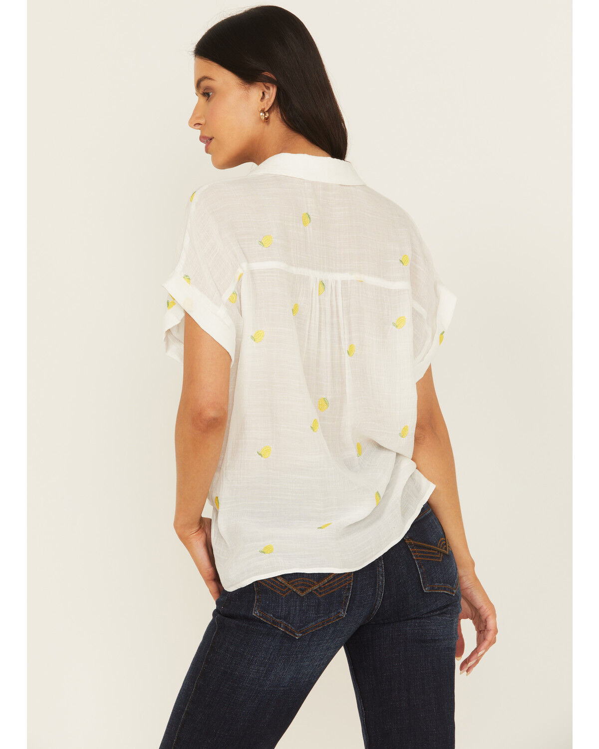 Image #4 - June & Hudson Women's Lemon Embroidered Short Sleeve Tie-Front Top, White, hi-res