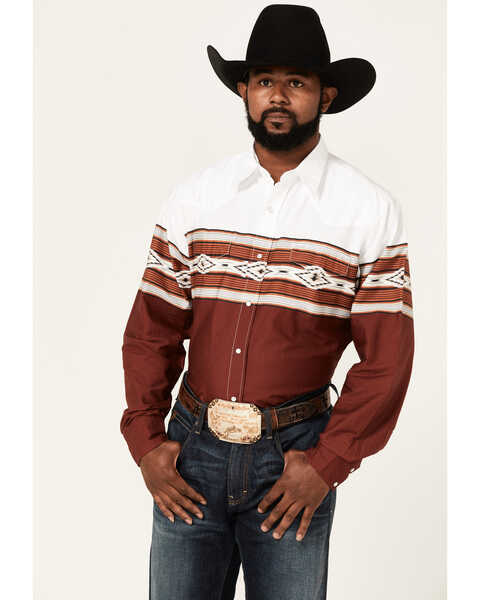 Image #1 - Roper Men's Diamond Southwestern Border Print Long Sleeve Pearl Snap Western Shirt , Brown, hi-res