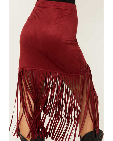 Image #4 - Idyllwind Women's Shiloh Faux Suede Asymmetrical Fringe Skirt , Dark Red, hi-res