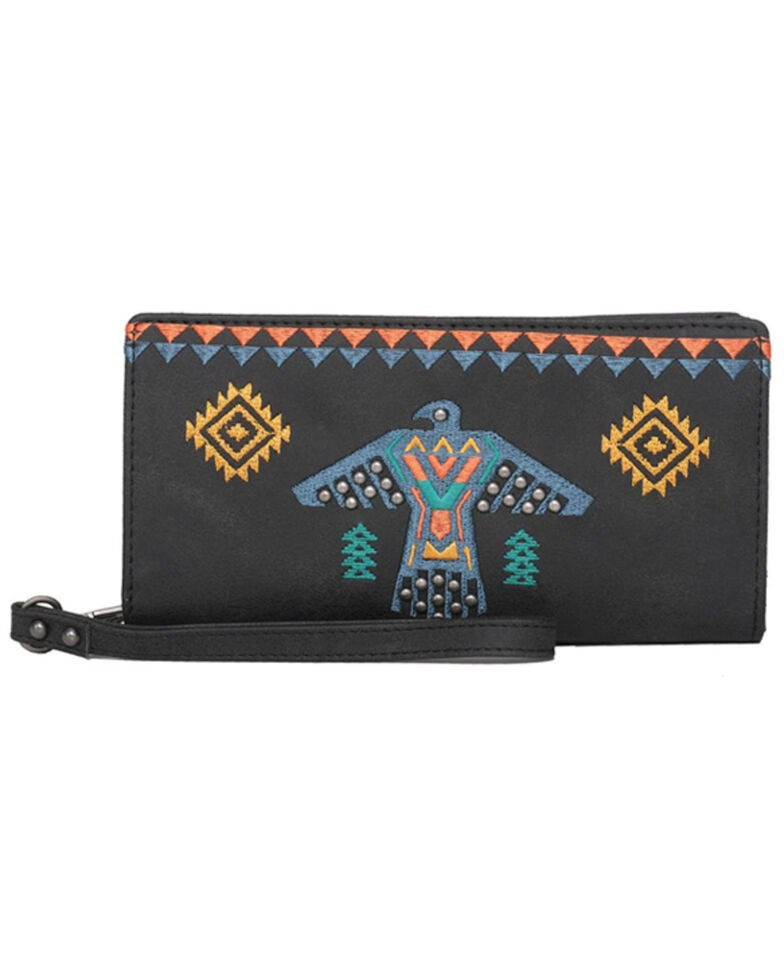 Montana West Women's Wrangler Embroidered Southwestern Thunderbird Wristlet Wallet, Black, hi-res