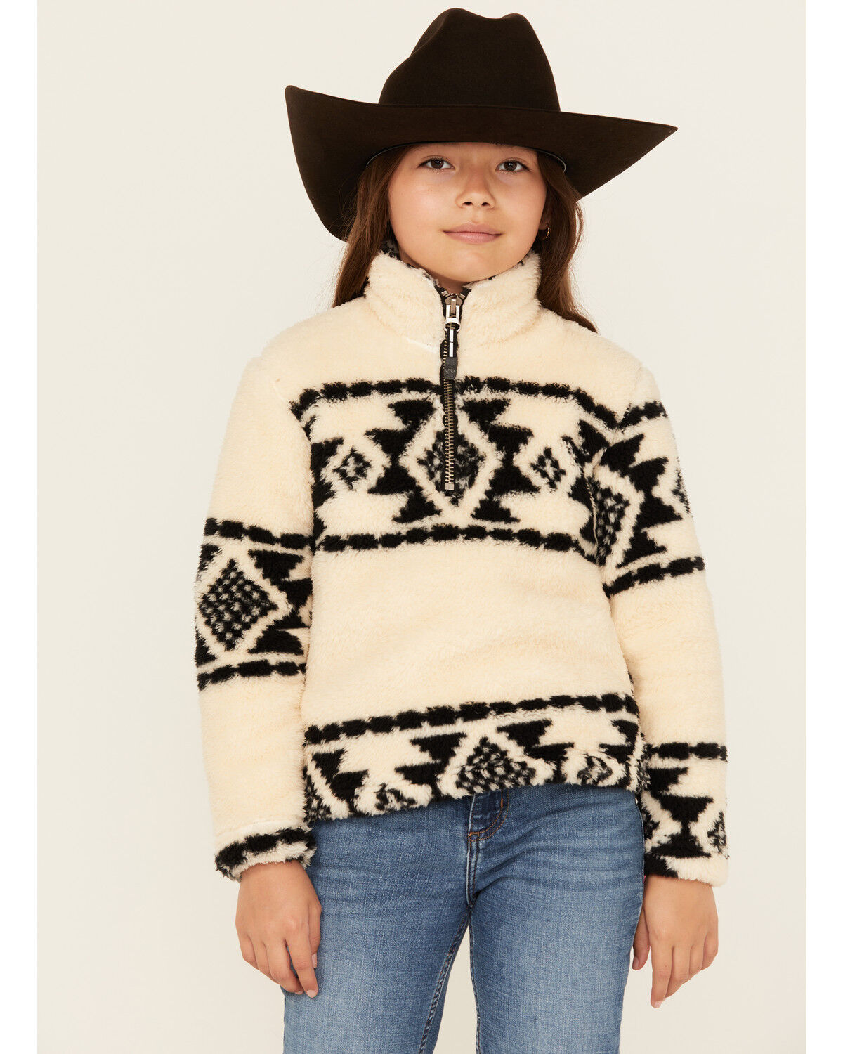 Image #1 - Roper Girls' Southwestern Print 1/4 Zip-Up Fleece Pullover, Cream, hi-res