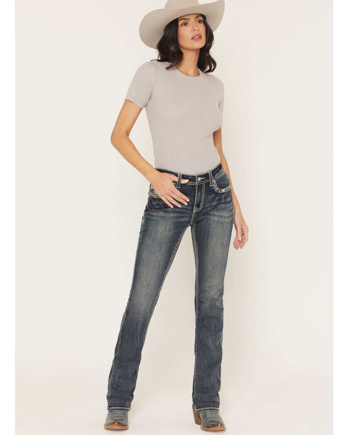 Image #3 - Grace in LA Women's Medium Wash Mid Rise Embellished Bootcut Stretch Denim Jeans, Medium Wash, hi-res