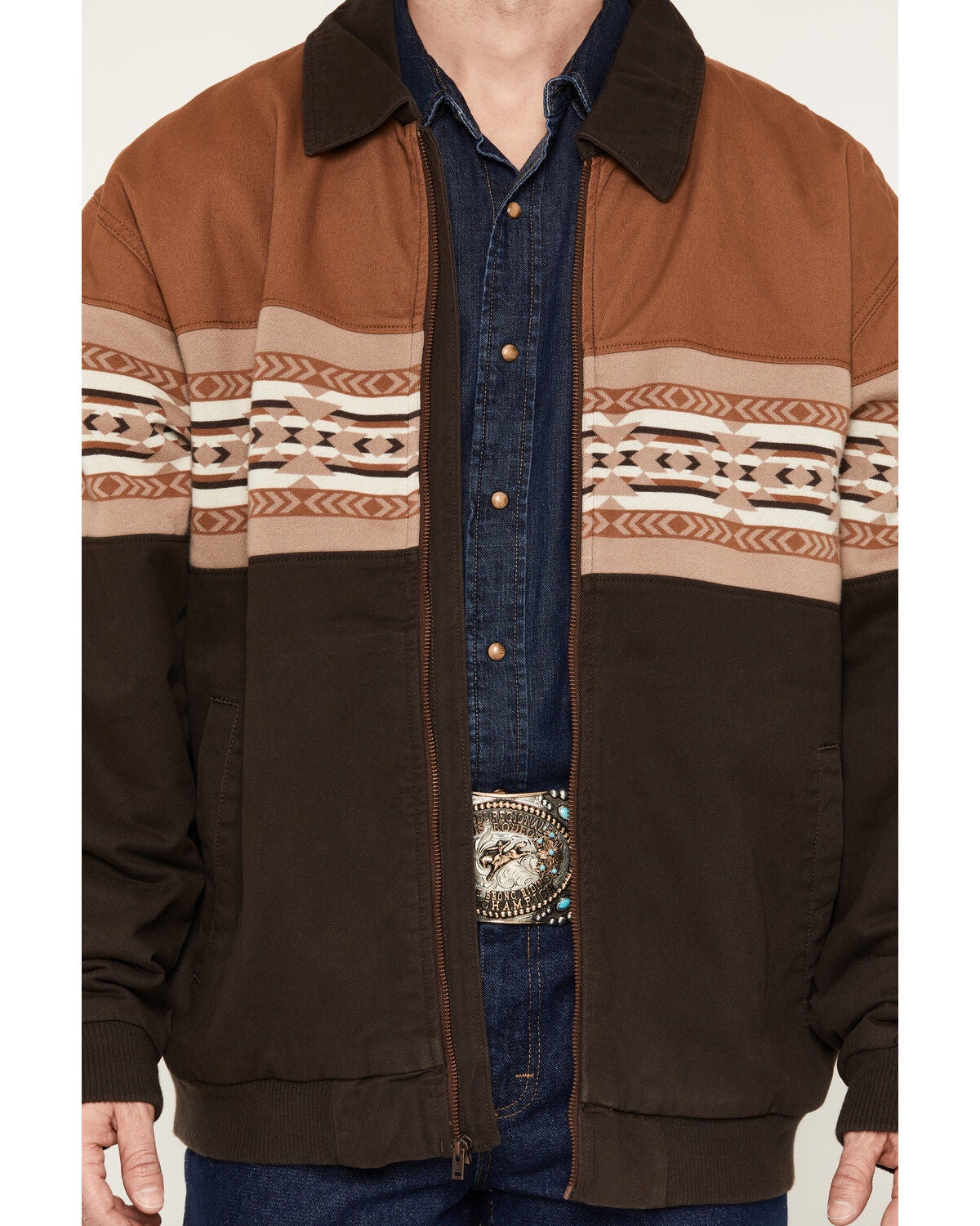 Image #3 - Wrangler Men's Southwestern Border Print Quilt Lined Bomber Jacket, Chocolate, hi-res