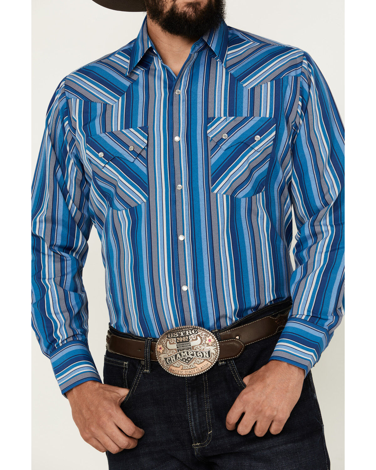 Image #3 - Ely Walker Men's Serape Striped Long Sleeve Pearl Snap Western Shirt, Royal Blue, hi-res
